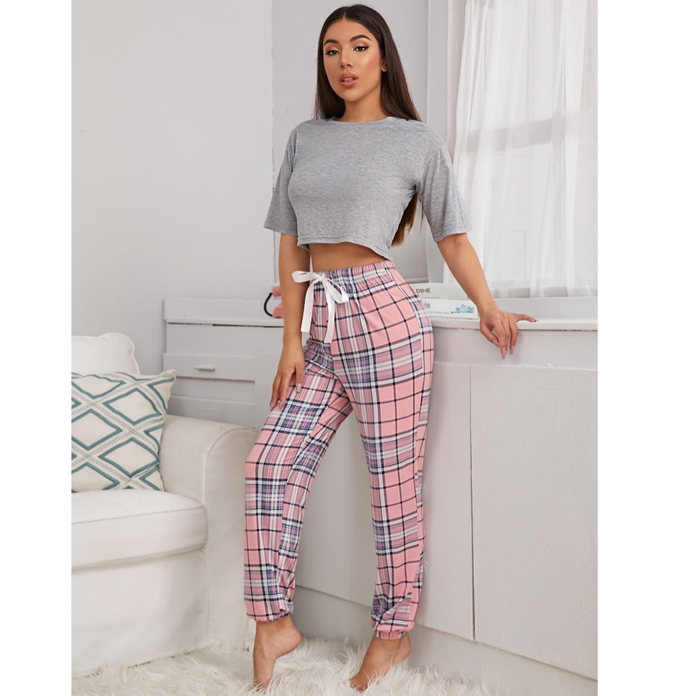 2 Piece Pajama Set, Loungewear Grey + Plaid - Picture 4 of 10